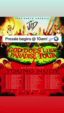 God Does Like Paradise Tour with special guest #YoungNudy plus more! 🌎  Presale starts at 10am (local time) Download the #JID app for access to the presale code  #dreamville #goddoeslikeugly #gdlu