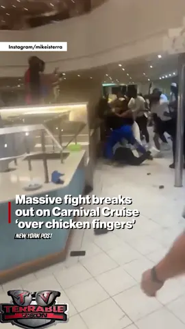 Disturbing footage captured the moment a massive melee broke out on a Carnival Cruise ship among fuming passengers seemingly upset over “chicken tenders.”