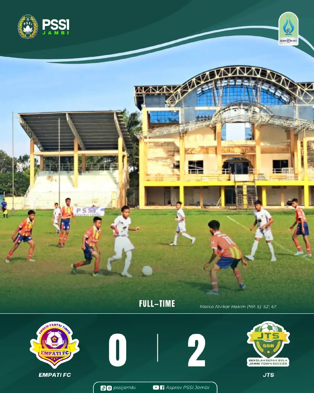 Empati FC harus mengakui keunggulan JTS dengan skor 0-2. Dua gol Marco Alvikar Hakim (52’, 61’) memastikan kemenangan JTS.@MHD Fadhil Arief 