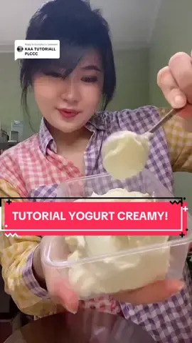 Replying to @bunnyluv yogurt creamy superrrr gampang!! 😋  Bahan:  1 liter susu pasteurisasi (boleh UHT, boleh fresh milk pasteurisasi. Untuk hsil lebih padat, bisa pakai pasteurisasi)  2 sdm yogurt plain (aku pakai Biokul Greek Yogurt)  Cara:  1. Siapkan perakatan: wadah kaca dengan tutup rapat, panci untuk merebus susu, sendok. Sterilkan semua dengan air panas  2. Panaskan susu 1 liter dengan api kecil selama 15 menit atau 80 derajat celcius hingga bolume berkurang sedikit dan muncul buih2. Sambil diaduk dan Jangan sampai mendidih yaaa  3. Diamkan di suhu ruang selama 10 menit, atau sampai suhunya hangat2 kuku.  4. Siapkan 2sdm Biokul Greek Yogurt, campur sedikit dulu dengan susu di wadah sampai tercampur rata, baru tuangkan semua ke dalam panci susu. Aduk hingga tercampur rata.  5. Saat masih hangat, tuang ke wadah yang sudah steril. Bungkus rapat dengan kain atau simpan di tempat yang suhunya hangat. Kalau aku, aku masukkan wadahnya ke dalam kukusan tempat sterilisasi alat tadi.. supaya suhunya tetap hangat.  6. Diamkan selama 12-18 jam, yogurt bisa dinikmati!! Aku suka yg asem banget jadi aku 24 jam.   Kalo suka tekstur padat dan creamy, wajib saring yaaah supaya jadi greek yogurt! CARA BIKIN GREEK YOGURT:  1. Yogurt yang sudah jadi tadi disaring dengan kain tahu yang sudah disterilkan (kainnya dicelup air panas dan dikeringkan sampai tidak ada air menetes, ga usah kering2 banget gpp).  2. Tutup dan Diamkan di dalam kulkas hingga 12 jam. Hasilnya yogurt akan padat dan teksturnya seperti ice cream. Rasanya lebih asam dan creamy 3. Air hasil saringannya jangan dibuang, itu whey yg kaya akan probiotik. Kamu bisa pakai untuk campuran smoothies atau jadi starter yogurt berikutnya. Selamat mencobaaaa!!!