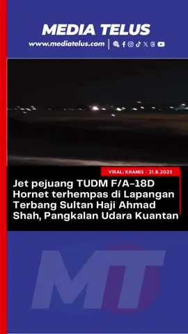 KUANTAN 21 Ogos - Sebuah pesawat pejuang F/A-18D Hornet milik Tentera Udara Diraja Malaysia (TUDM) dilaporkan terhempas di kawasan landasan Lapangan Terbang Sultan Haji Ahmad Shah, Pangkalan Udara Kuantan pada Khamis malam. Menurut kenyataan TUDM, insiden itu berlaku pada jam 9.05 malam dan tindakan segera sedang diambil pihak berkuasa. “TUDM kini sedang mengambil tindakan segera dan akan memaklumkan perkembangan semasa berhubung insiden kemalangan tersebut. Semua pihak diminta agar tidak menyebarkan sebarang spekulasi atau berita yang tidak sahih,” kata kenyataan itu. Sementara itu, dua pegawai tentera yang berada di dalam pesawat dilaporkan selamat. Terdahulu, dua rakaman video tular di media sosial memaparkan kepulan cahaya serta asap tebal dipercayai berlaku di sekitar lokasi kejadian. #tudm #pesawat #terhempas #kuantan #beritatiktok 