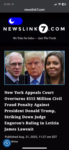 New York Appeals Court Overturns $515 Million Civil Fraud Penalty Against President Donald Trump, Striking Down Judge Engoron’s Ruling in Letitia James Lawsuit A stunning legal victory, judges struck down the record penalty, calling it unconstitutional and a major setback for Letitia James. 👉 Read the full story at https://NewsLink7.com #DonaldTrump #LetitiaJames #NewYork #AppealsCourt #CivilFraud          👉 Stay informed with real-time updates and in-depth analysis at NewsLink7.com. Fact-checked news that matters. Follow us 24/7, 365 days. There are no sides, just the truth. Explore more stories and stay ahead with NewsLink7.com.