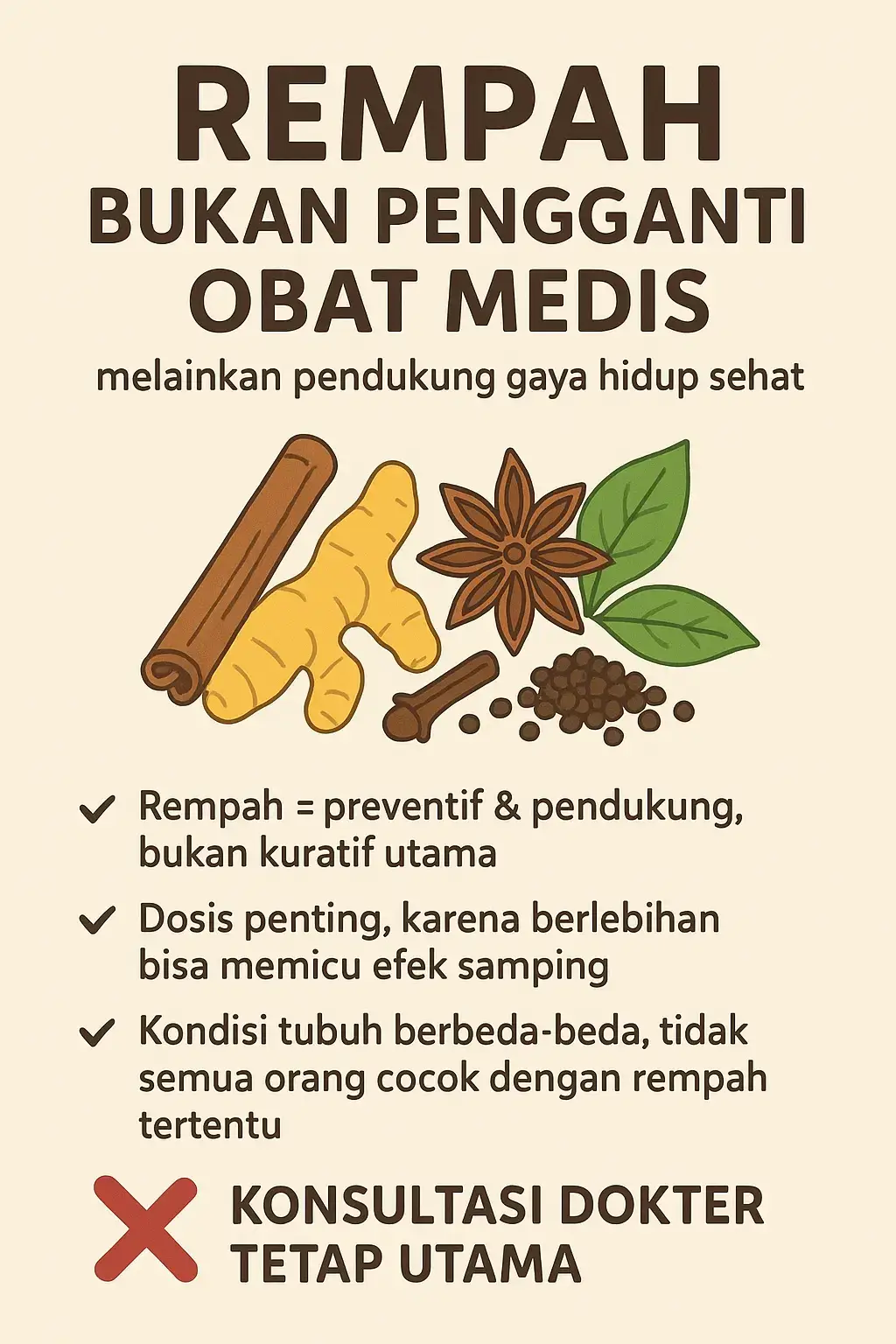 Jangan salah kaprah! ✨ Rempah memang kaya manfaat, tapi bukan pengganti obat medis. Gunakan sebagai pendukung gaya hidup sehat, dengan dosis yang tepat dan sesuai kondisi tubuhmu  👉 Ingat, konsultasi dokter tetap nomor satu! #RempahSehat #GayaHidupSehat #HerbalNusantara #SehatAlami #JagaKesehatan 