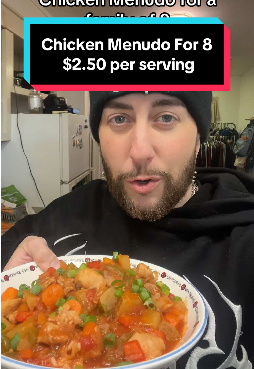 CHICKEN MENUDO RECIPE: 2 Packs chicken Pineapple juice  Red&green pepper 4-5 onions 7 cloves garlic Salt Pepper Soy sauce  Tomato paste small can  Diced tomatoes big can Water  #oldpoor #budgetmeals #poorfordummies 