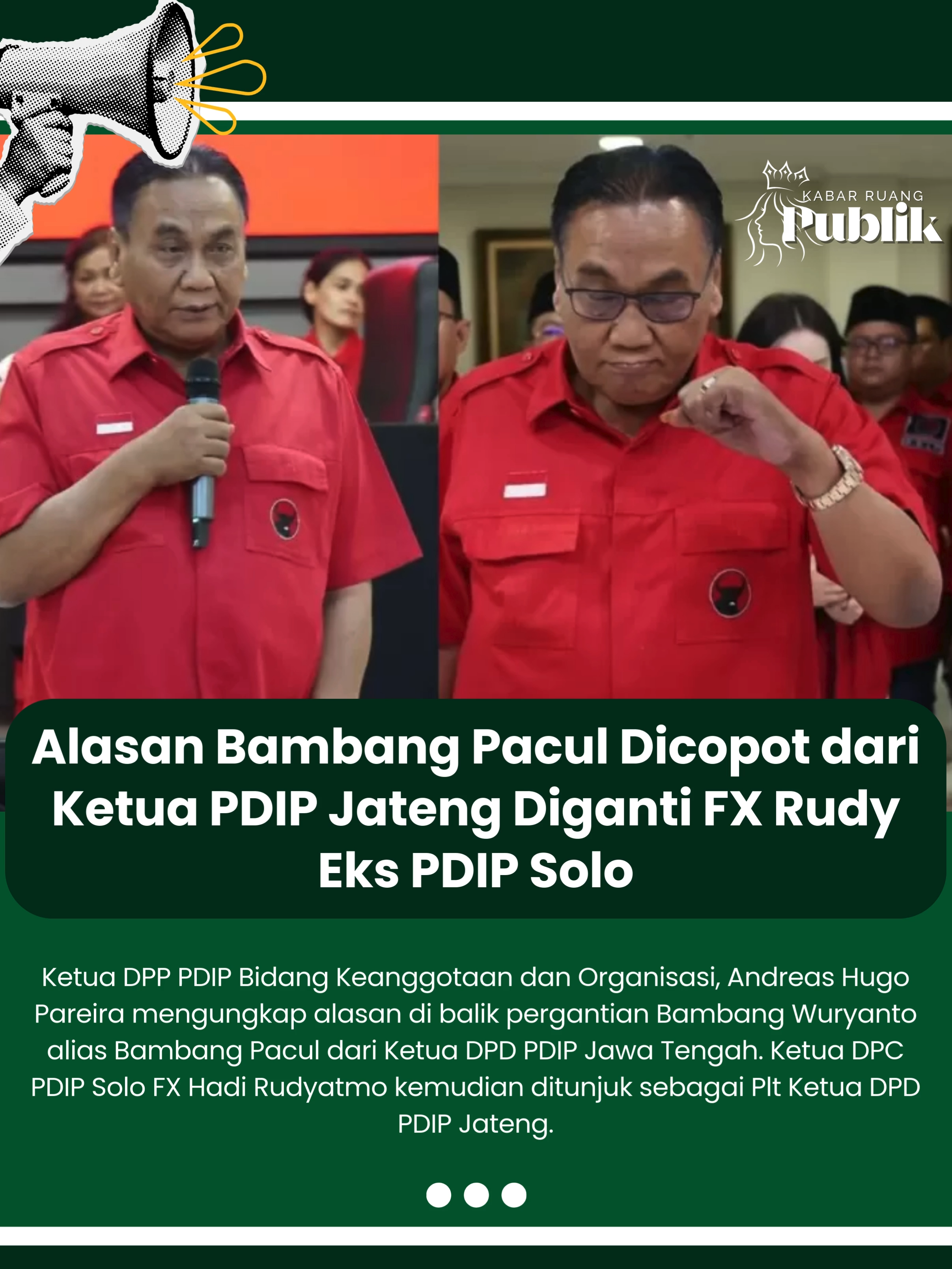 Ketua DPP PDIP Bidang Keanggotaan dan Organisasi, Andreas Hugo Pareira mengungkap alasan di balik pergantian Bambang Wuryanto alias Bambang Pacul dari Ketua DPD PDIP Jawa Tengah. Ketua DPC PDIP Solo FX Hadi Rudyatmo kemudian ditunjuk sebagai Plt Ketua DPD PDIP Jateng. Andreas mengatakan pertimbangan rotasi itu tertuang dalam Surat DPP Nomor 16 Tahun 2025 tentang Instruksi Pelaksanaan Pelaksana tugas (Plt).