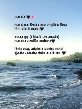 শুক্রবার-🖤🌸 শুক্রবারকে উম্মাহর জন্য সাপ্তাহিক ঈদের দিন ঘোষণা করেন।🖤 বদরের যুদ্ধ (২ হিজরি, ১৭ রমজান) শুক্রবারে সংঘটিত হয়েছিল।🖤 বিদায় হজ্জে আরাফার ময়দানে দেওয়া খুতবাও শুক্রবারে প্রদান করেছিলেন।🖤 #foryoupage #foryou #fypage #goviral #tranding @TikTok Bangladesh 