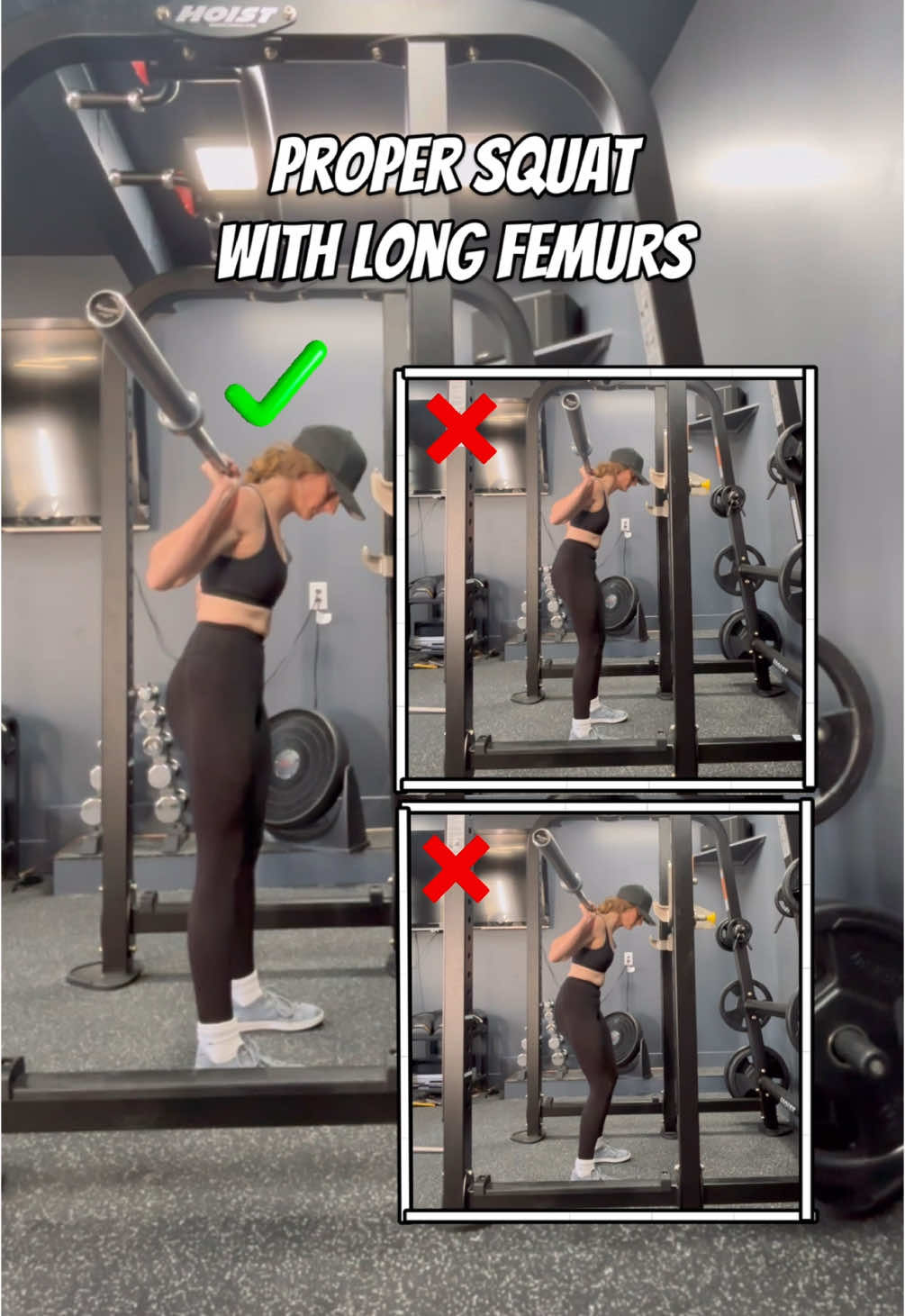 Calling all long femur friends!! (Short femurs, I’ll get a video for you soon!) On the right are (dramatized) versions of squats that I see MORE OFTEN THAN I’D LIKE TO ADMIT😅 As a coach who works with hundreds of people a week, I see so many long femur friends trying to replicate squats from a short femur friend and it usually results in one of the two ❌ examples I’ve provided. The top ❌ is when long femur squatters are trying to get depth BUT are limited by one or a more of the following: 1. range of motion in their ankles, spine, shoulders, and/or lats which causes a forward lean to compensate. 2. fear of the knees going over their toes. Unfortunately, this statement must have been made up by a short femur individual… 3. they want to keep a more narrow stance like their short femur friends but that doesn’t always work with long femurs (unless ROM is really advanced) Or 4. They’re trying to sit BACK rather than Squat DOWN. We already squat so far back because of the femur length. Think back AND down. The second ❌ is when long femur squatters: 1. Don’t want to lean forward since their short femur friends don’t have to so they are trying to stay upright. This results in the tucking of the tailbone. The knees, neck, and low back take the load, and hips don’t engage. 2. Don’t want to Squat down AND back because they lose their balance from trying not to lean forward 3. Anatomically, they don’t remember how to squat naturally due to shoe/joint/mobility limitations over time As a long femur squatter you will need to accept the fact that:  ✅your hinge will be much greater, BUT  👍🏼 that’s different than bending forward!! ✅ you will naturally sit further back 👍🏼but that means your knees may go over your toes to balance load! ✅your stance may have to be wider 👍🏼but that will allow for better (and safer) depth! Your anatomy makes your movements unique! Don’t try to replicate people who aren’t anatomically similar!  Questions? Feel free to ask away! My Qualifications: NASM CPT, FNS, Athlete Body in Balance Specialist, Injury Prevention and Rehab Specialist, Group Fitness Cert, Geriatrics Specialist, 3 Degrees with emphasis on Communication, Research, Journalism, and Behavioral Sciences #motocros #dirtbike #mx #moto #m#motocrosstraining #dirtbiketraining #Fitness #motofitness #motofit #trainformotocross 
