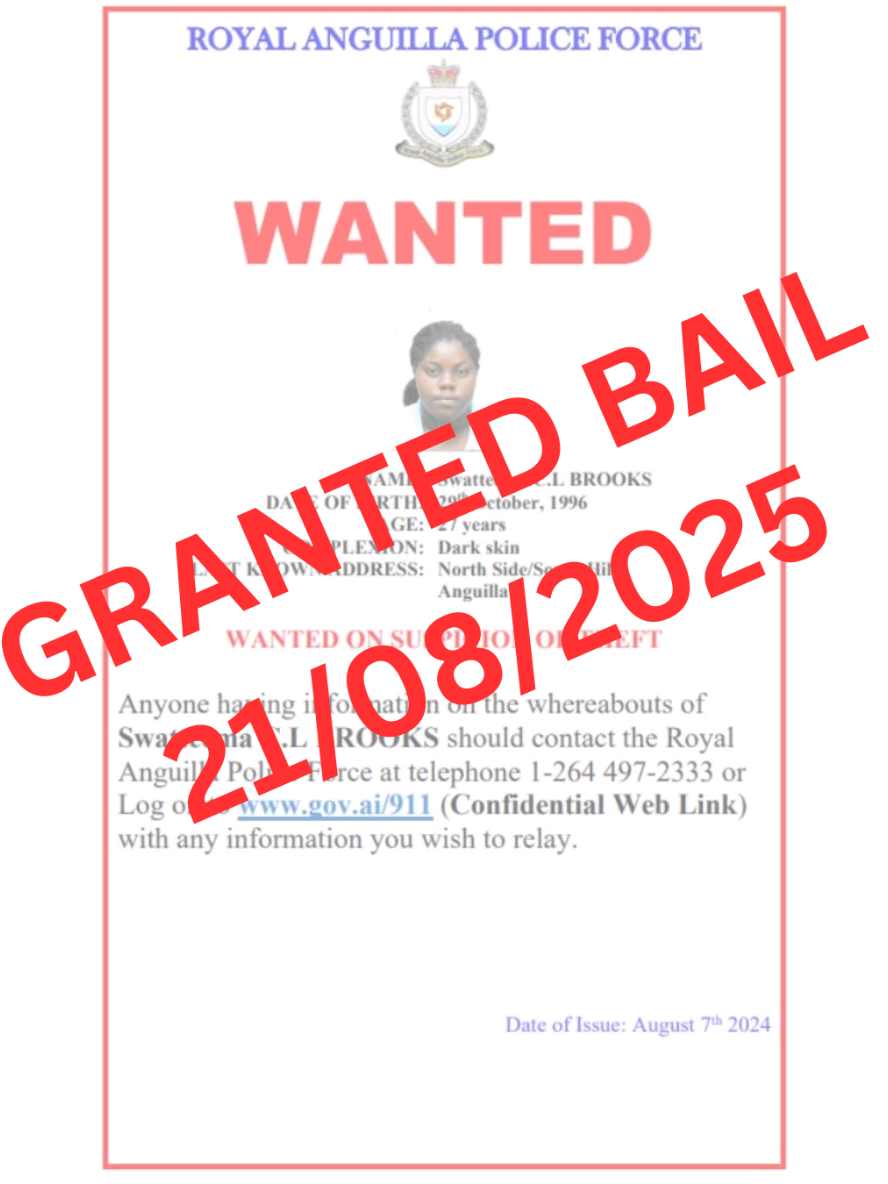 🚨 Wanted Woman Arrested & Granted Bail The RAPF reports that Swatteema C. L. Brooks, 28, of South Hill, was granted bail today following her arrest for theft. She had been wanted since 7th August 2024. Bail conditions: good behaviour, no interference, surrender passport, no travel without court permission. – EC$40,000 with one surety – #RAPF #CrimeUpdate #Anguilla
