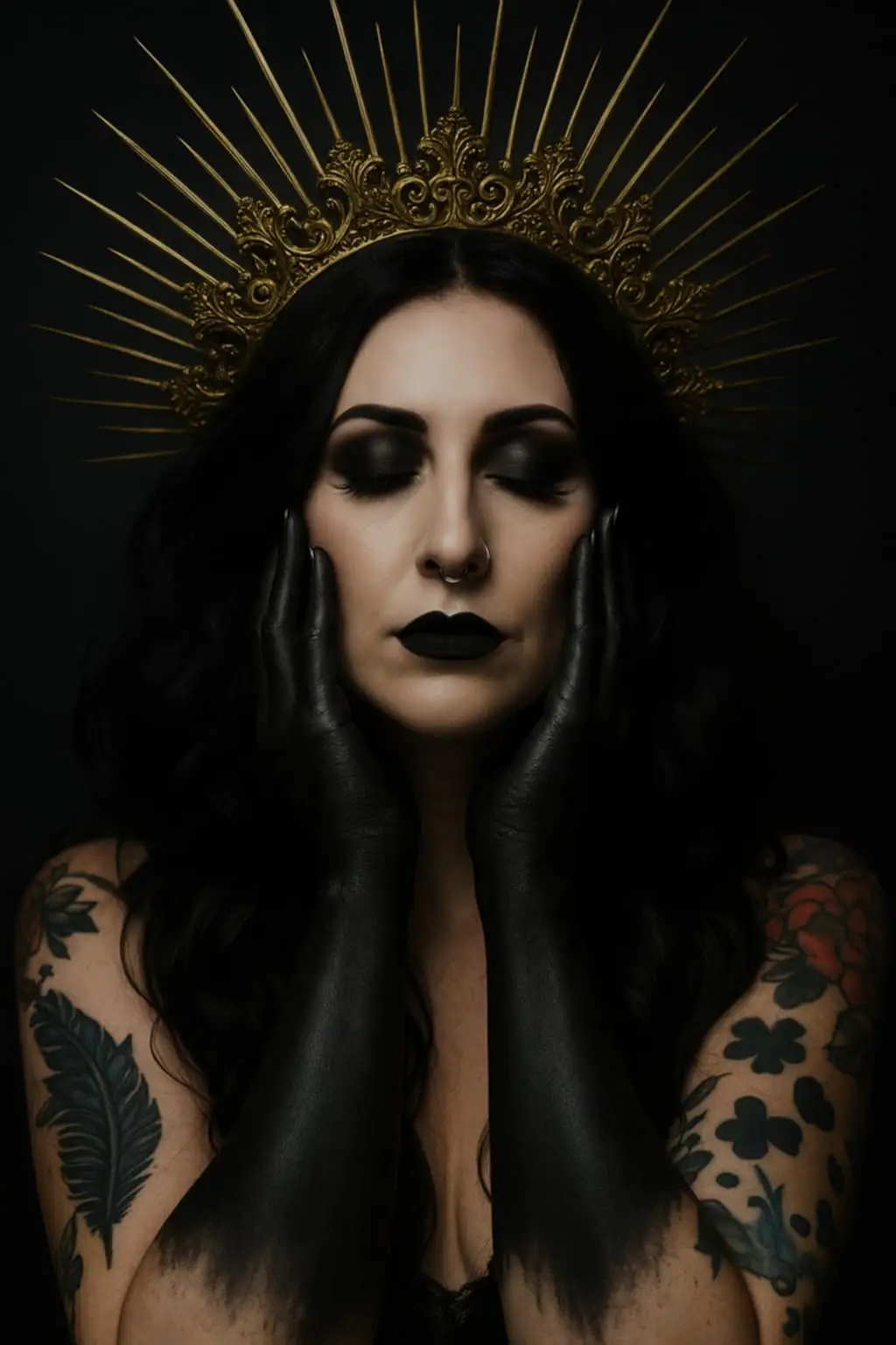 Create an image using this photo. A hyper-realistic, high definition, gothic-inspired portrait of a mysterious woman with long black wavy hair and dramatic black makeup. Her eyes are closed, and her expression is ethereal and haunting. She wears a golden spiked crown with ornate baroque details, radiating like a dark celestial halo. Her hands, painted black up to the elbows, frame her face delicately, creating a contrast against her pale skin. Visible on her arms are colorful tattoos featuring flowers and feathers. She has a septum piercing and dark lipstick, and the lighting is moody and cinematic, with deep shadows and a dark, seamless background. The overall aesthetic is gothic, regal, and mystical - evoking themes of divine darkness, shadow queens, and sacred ritual.