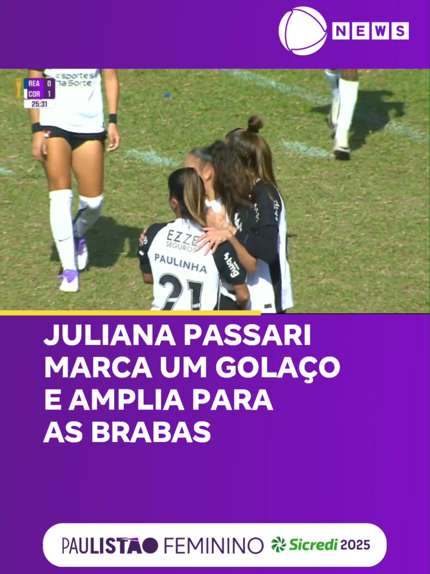 Aos 25 do primeiro tempo, Juliana Passari bateu de fora da área e ampliou para as Brabas: Realidade Jovem 0x2 Corinthians. 📲 #RecordNews #ElasComABola ⚽ #PaulistãoFemininoSicredi #PaulistãoNaRecordNews