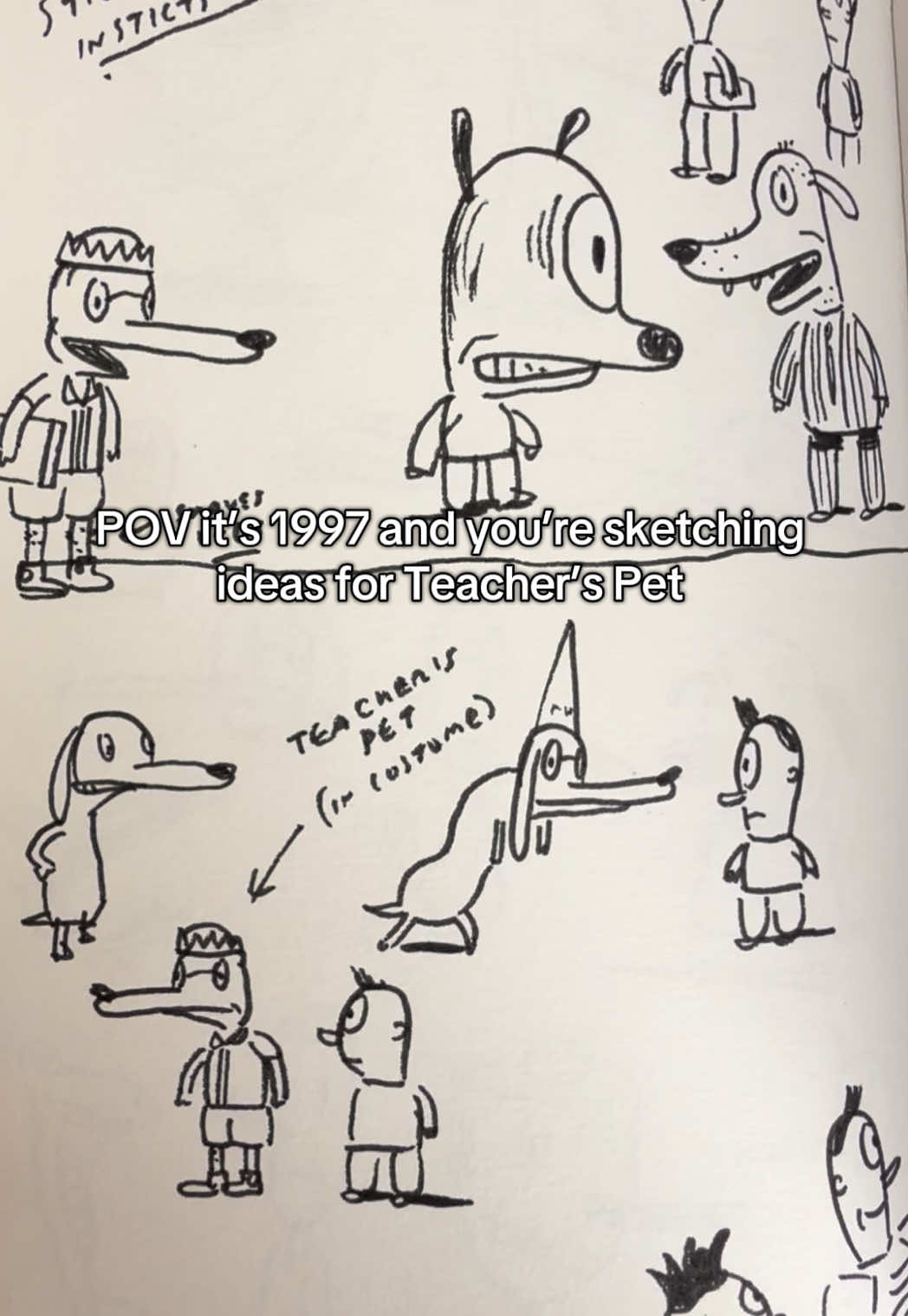 My sketchbook from 1996-1997 when I moved back to LA from NY. I was rooting to get an animated series going. Here you can see some random ideas including Teachers Pet and an cartoon called Enjoy and Suffer, a cat and dog character. Strangely they have two heads in one sketch.  #artist #teacherspet #90skid #nostalgia #cartoon 