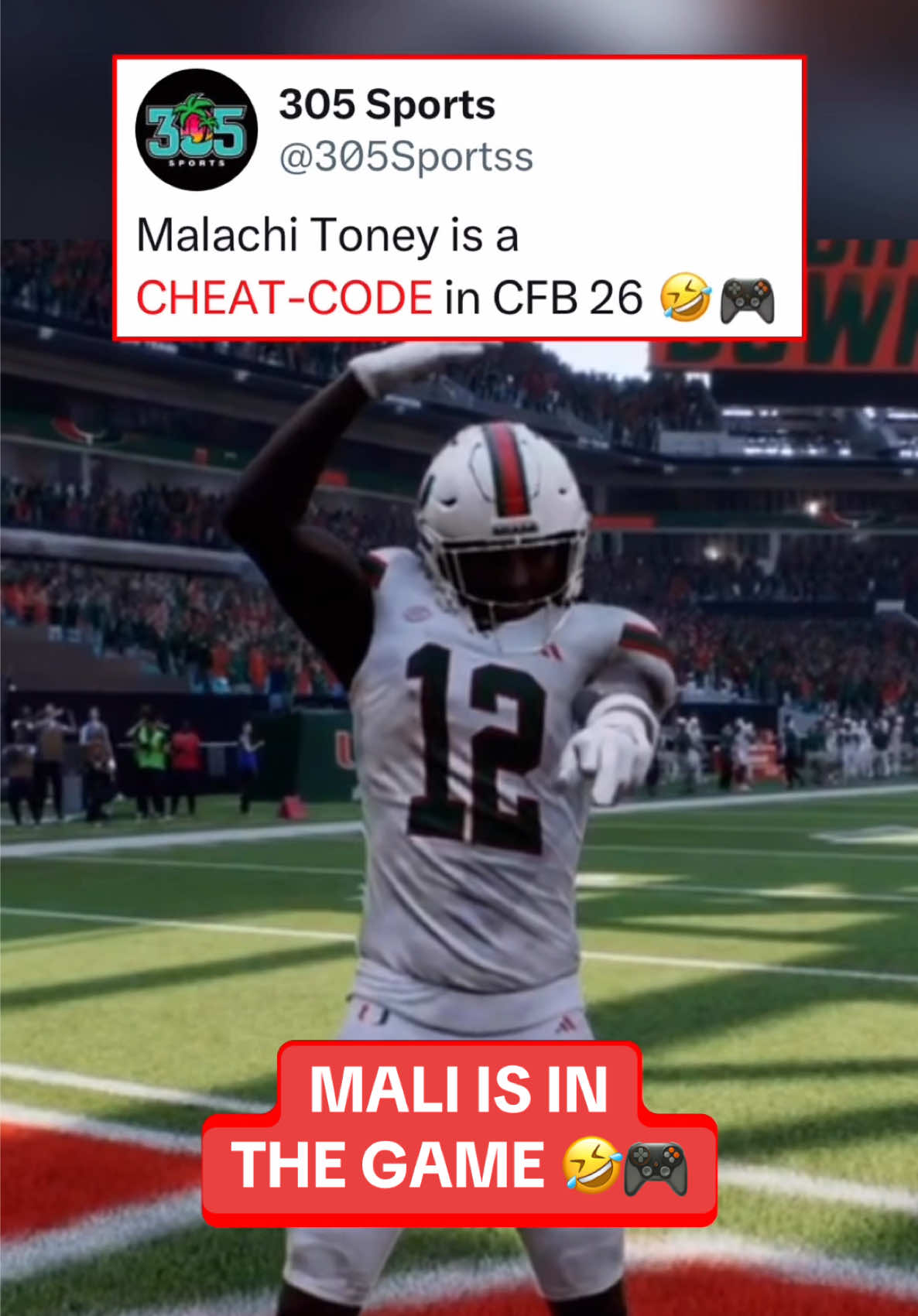 FEED MALI. He’s too nice 🤩🔥  CFB 26 has added Malachi Toney to the game. The true freshman is a problem. #football #malachitoney #CollegeFootball #miamihurricanes #videogames 
