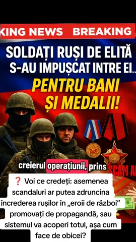 Salut prieteni! Astăzi vorbim despre un subiect care pare desprins dintr-un film absurd, dar care s-a întâmplat în realitate, chiar în armata rusă. Zeci de soldați dintr-o unitate de elită, Brigada 83 de asalt aerian a Gărzii, au pus la cale o schemă incredibilă: s-au împușcat între ei, intenționat, pentru bani și medalii. Cum funcționa planul? Simplu și cinic: soldații își provocau răni controlate, apoi raportau că au fost „eroic răniți” în luptă. Rezultatul? peste 200 de milioane de ruble (aproximativ 2,1 milioane de euro) încasați în despăgubiri, plus medalii și decorații „de curaj”. Creierul operațiunii, prins în cele din urmă, și-a turnat colegii. 👉 Ce ne arată acest scandal? Eroziunea totală a moralului militar – dacă până și unitățile de elită recurg la astfel de practici, imaginea eroismului promovată de Kremlin se prăbușește. Corupție sistemică – medalii și bani pot fi cumpărate cu sânge vărsat pe scenarii false. O întrebare amară – ce valoare mai are „onoarea militară” într-o armată unde medaliile se dau la schimb pentru fraude? Cazul acesta nu e doar o farsă sinistră, ci o radiografie a degradării unui sistem întreg. Când soldații se împușcă între ei pentru bani și glorie falsă, înseamnă că adevăratul dușman nu mai e pe front, ci chiar în interiorul armatei. ❓ Voi ce credeți: asemenea scandaluri ar putea zdruncina încrederea rușilor în „eroii de război” promovați de propagandă, sau sistemul va acoperi totul, așa cum face de obicei? #soldatirusi #armatarusa  #AdevarIstoriePamflet #pentrutine #foryou 