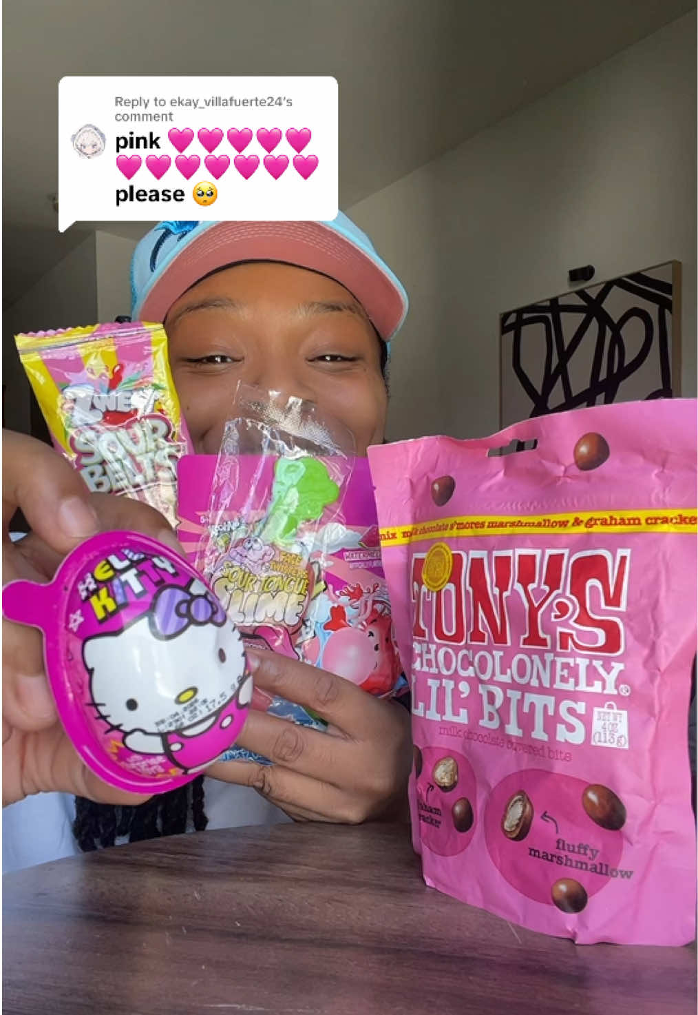 Replying to @ekay_villafuerte24  I Tried a Bunch of Candy and Snacks with Pink Packaging • Zweet Sour Belts - Pink Lemonade • Hello Chocolate Kitty Egg • Face Twisters Sour Tongue Slime • Kool-Aid Shred Headz Bubble Gum • Tony’s Chocoloneys Lil Bits   