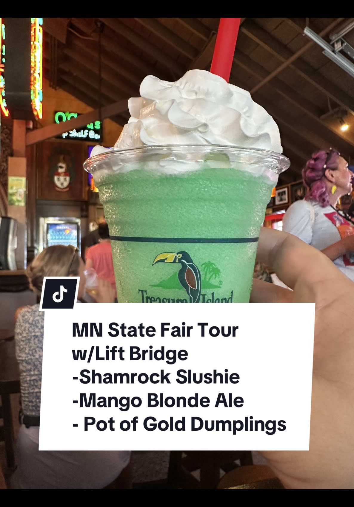 Stop 2 on the @Lift Bridge Brewery Tour at the @Minnesota State Fair: O’Gara’s at the Fair. We tried two Lift Bridge drinks and the Pot of Gold Potato dumplings which are a new fair food. Mango Blonde Ale - light and more mango forward ale.  Shamrock Slushie - Good if you like Shamrock shakes. They were very minty and quite boozy. Overall very tasty! Pot of Gold Potato Dumplings - a bit small of a portion for the price of $13. They were tasty, just a bit small.  #MinnesotaStateFair #FairFood #TwinCitiesEats #ThingsToDoInMN #MNStateFair 
