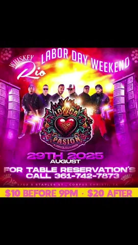 ❤️‍🔥 CORPUS CHRISTI, TX ❤️‍🔥 Nos vemos este 29 de Agosto en Whiskey RIO🔥 ✨ $10 antes de las 9PM ✨ $20 después 🚨 ¡Prepárate para una noche llena de energía, música, y pura LOCURA con Loca Pasión! 🚨 #LocaPasion #ATributeToLaMafia #wearenotacoverbandweareatributeband #fyp #foryoupage 
