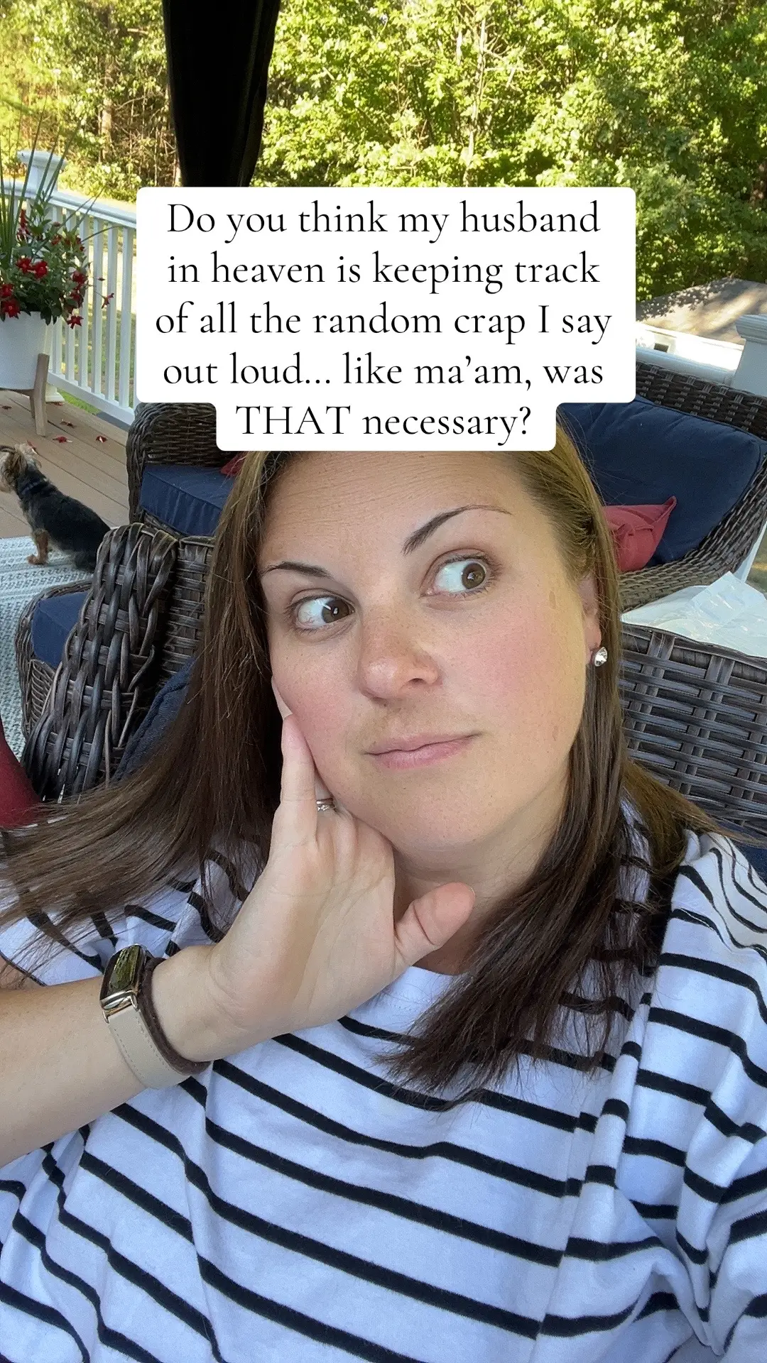 He thought he was escaping my random thoughts, but nope… eternal audience 😅 Pretty sure he’s shaking his head at least 77 times a day 🙃  #WidowHumor #Grief #Widow #CrazyThoughts #LateHusband