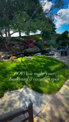 Forget traveling for vacation, bring the resort to you! #iowa #desmoines #waterfall #pond #outdoorliving   