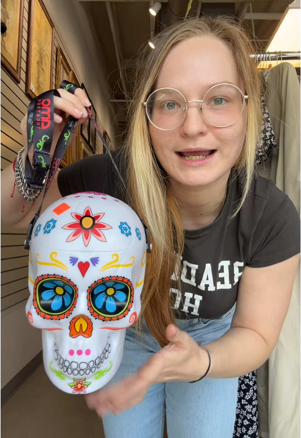 Sugar Skull popcorn bucket at the thrift?! 👀 @AMC Theatres #fypシ #thriftwithme #thrifting #secondhand #popcornbucket #collector #collection #dayofthedead #diadelosmuertos #sugarskull #thriftmas #giftideas #forher #forhim 