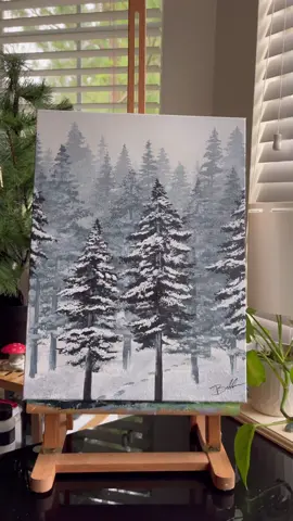 Footsteps fade through the snow cloaked pines, a memory of the one traveling through.  #pinetrees #gameofthrones #got #acrylicpainting #paintingprocess 