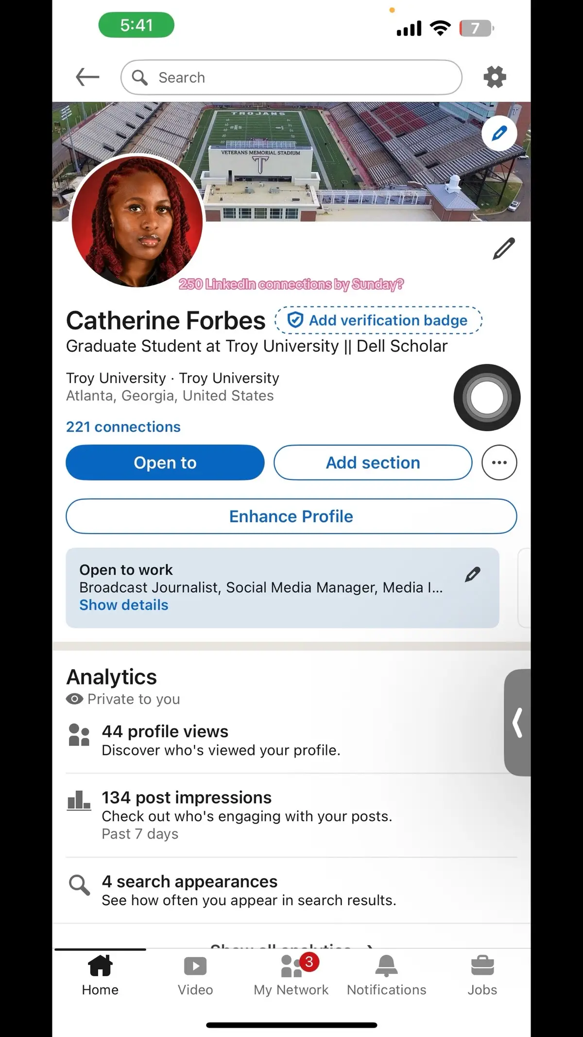 Road to 500 LinkedIn connections 🫟 Let’s connect!  Catherine Forbes - Troy University 😙 #linkedin 
