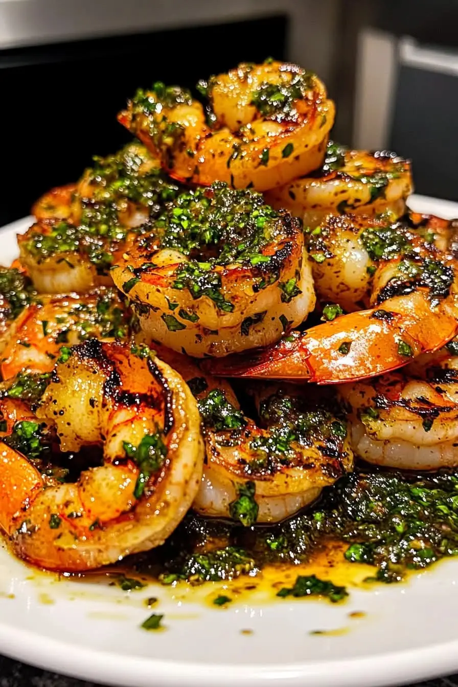 Grilled Shrimp with Chimichurri Sauce Ingredients: 1 lb large shrimp, peeled and deveined 2 tablespoons olive oil 1 teaspoon smoked paprika 1/2 teaspoon garlic powder 1/2 teaspoon salt 1/4 teaspoon black pepper For the Chimichurri Sauce: 1 cup fresh parsley, finely chopped 1/2 cup fresh cilantro, finely chopped 3 cloves garlic, minced 1/4 cup red wine vinegar 1/2 cup olive oil 1/2 teaspoon red chili flakes (optional) Salt and pepper, to taste Directions: Preheat your grill to medium-high heat. In a bowl, toss the shrimp with olive oil, smoked paprika, garlic powder, salt, and black pepper until evenly coated. Thread the shrimp onto skewers (if using wooden skewers, soak them in water for 20 minutes beforehand). Grill the shrimp for 2–3 minutes per side or until they turn pink and slightly charred. Remove from heat and set aside. To make the chimichurri sauce, combine parsley, cilantro, minced garlic, red wine vinegar, olive oil, and red chili flakes (if using) in a bowl. Stir well and season with salt and pepper to taste. Drizzle the chimichurri sauce over the grilled shrimp or serve it on the side for dipping. Prep Time: 15 minutes | Cooking Time: 6 minutes | Total Time: 21 minutes Kcal: 320 kcal per serving | Servings: 4 servings