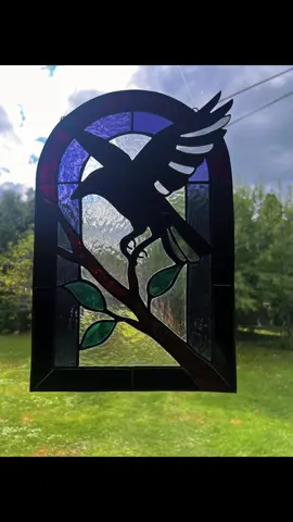 Black iridescent glass is SO cool in and out of the light 🖤🥰 #stainedglass #stainedglassart #altart #crow #gothart 