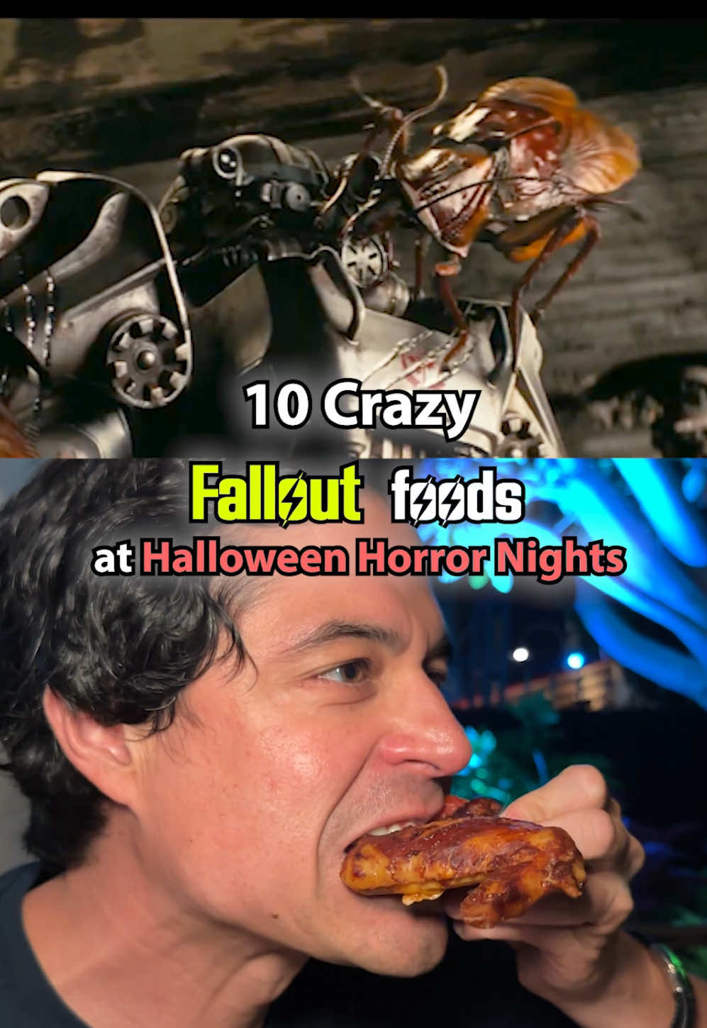 All the FALLOUT food at Universal Halloween Horror Nights.  More info below... and follow me to see the FALLOUT scare mazes! ONLY during Halloween Horror Nights @Halloween Horror Nights @Universal Orlando Resort @Universal Studios Hollywood Loaded Cram Fries - crispy chili-glazed spam served over pub fries Brahmin Burger (not shown) - all-beef burger topped with smoked brisket, pickles and BBQ sauce Roasted Radroach Legs - blackened turkey wings served with pub fries Roasted Stingwing - plant-based meatloaf served with insta-mash and mushroom gravy Gulper Stew (not shown)- creamy clam chowder topped with green onions and crispy bacon Iguana on a Stick - cheesy cornflake crusted corn dog Yum Yum Deviled Eggs - coconut panna cotta filled with Chamoy pineapple bits and topped with mango topping and tajin Vault Dwellers Wedding Cake - red velvet sponge cake with cream cheese mousse Rad Away - chipotle pineapple brown sugar lemonade served in a blood bag (non-alcoholic) Sunset Sarsaparilla - hot honey root beer topped with sweet cold foam (non-alcoholic) Quantum Fizz - blue raspberry Sprite with a sour blue raspberry rim (non-alcoholic) The Nuclear Blast - vodka, peach schnapps, blue curaçao, orange and lemon juice, simple syrup and Sprite soda tapped with a dehydrated lemon wheel @Prime Video @Fallout 