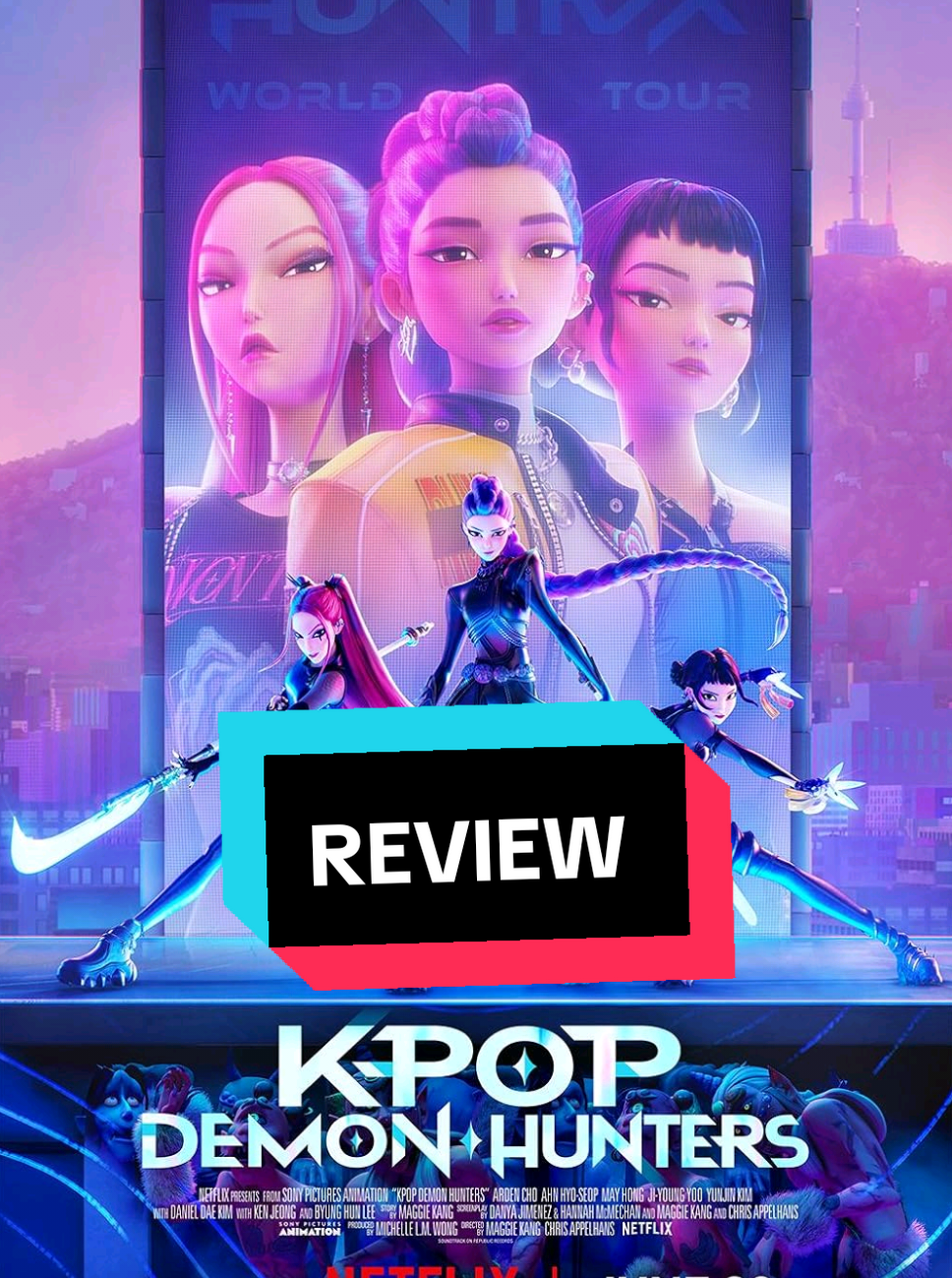 In K-Pop Demon Hunters (2025), the dazzling K-pop girl group Huntr/x—Rumi, Mira, and Zoey—balances life in the spotlight with a secret destiny: they're demon hunters protecting their fans from otherworldly threats. Directed by Maggie Kang and Chris Appelhans and produced by Sony Pictures Animation, this animated musical fantasy blends electrifying K-pop performances with supernatural action, Korean mythology, and urban adventure. Featuring voices from Arden Cho, May Hong, Ji-young Yoo, Ahn Hyo-seop, and music from top producers like Teddy Park and TWICE, the film stands out with its hybrid 2D/3D animation style, fast-paced choreography, heartfelt storytelling, and chart-topping soundtrack. Released on Netflix on June 20, the film quickly gained global acclaim—its vibrant aesthetic, catchy tunes, and striking cultural authenticity have made it one of the most talked-about animated releases of the year. #KPopDemonHunters #AnimatedMusical #KpopFantasy #DemonHunters #NetflixAnimation