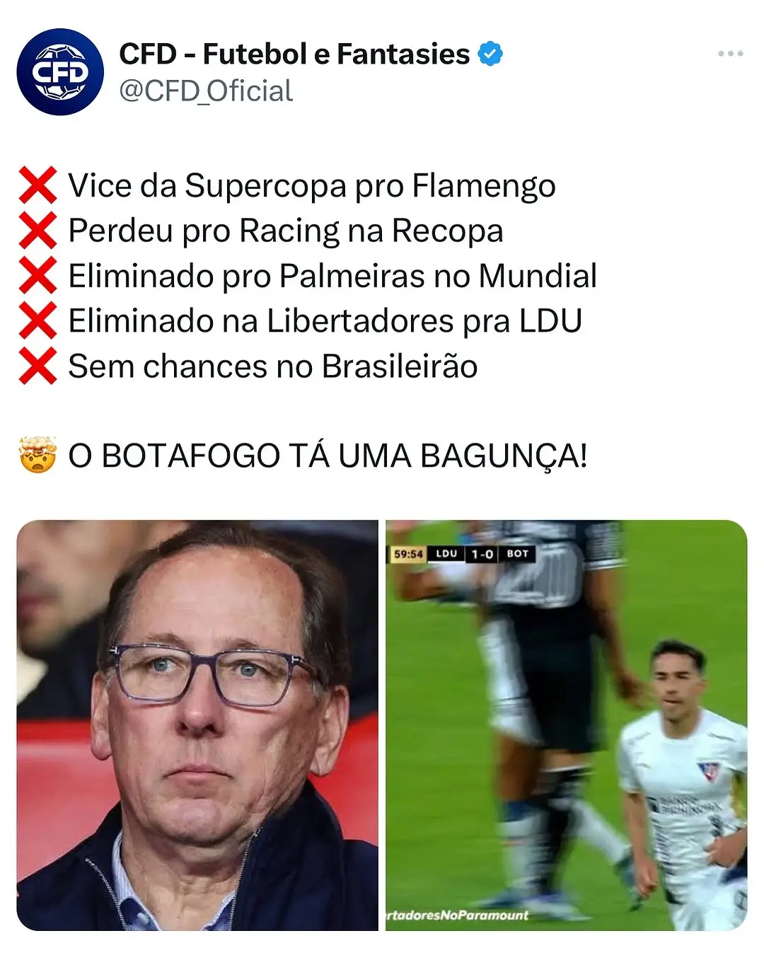 Ficaram nessa de o ano só começa em Abril, desprezaram a recopa e a supercopa vão acabar ficando sem nada, acharam que raio ia cair duas vezes no mesmo lugar  #libertadores 