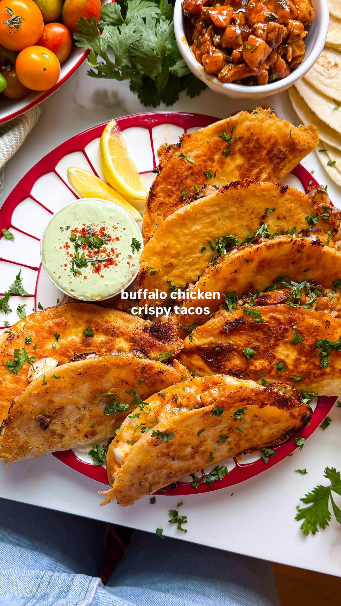 making buffalo chicken crispy tacos with a basil sauce bc this butcher knife was not about to stay in its box🔪🐓 full recipe is on my blog at abrightmoment.com 🫶🏼 . . . #gamedayready #gamedayrecipes #buffalochicken #crispytacos #chickenrecipes  