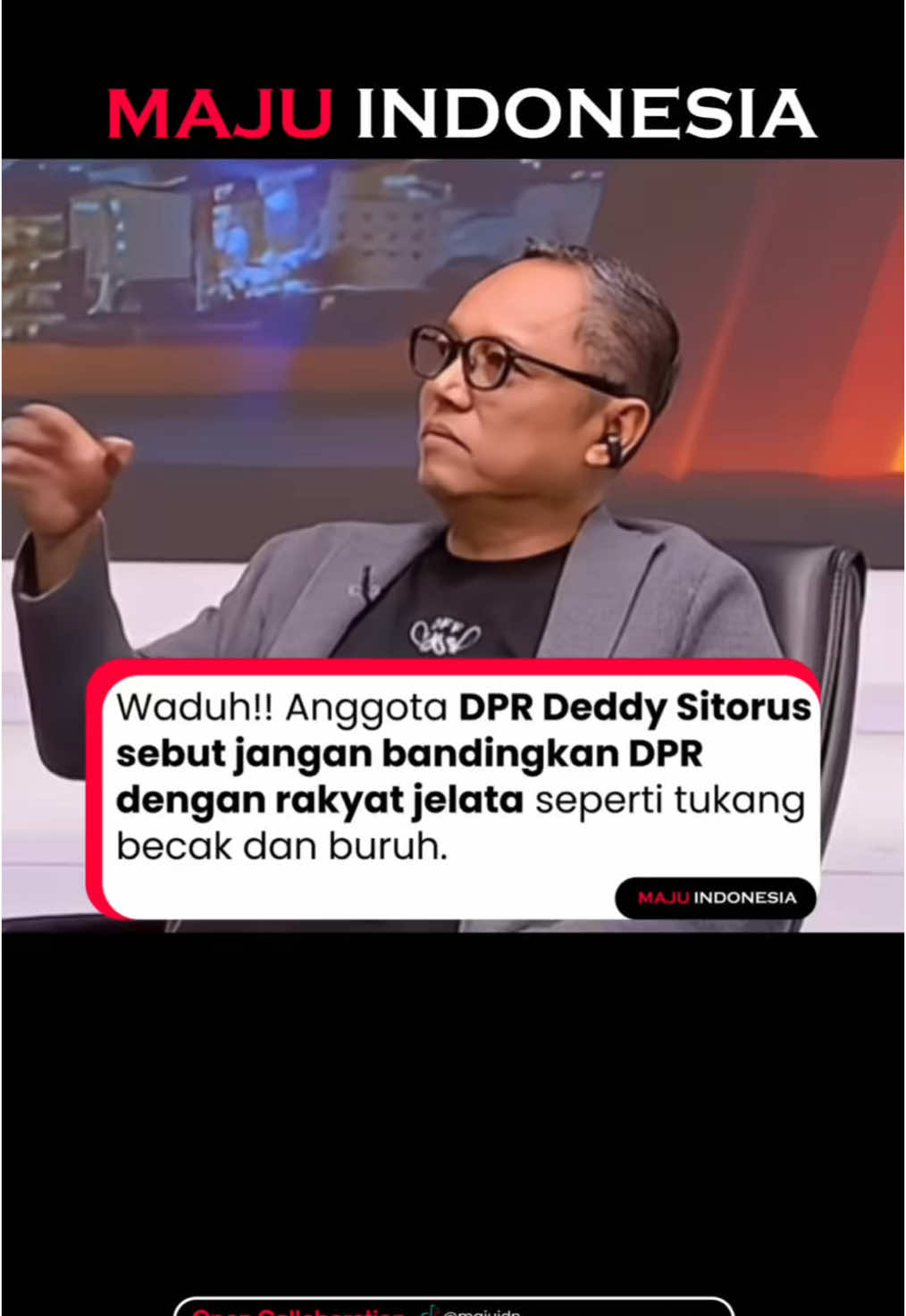 Dalam acara Kontroversi yang tayang di Youtube METRO TV anggota DPR Deddy Yevri Hanteru Sitorus mengatakan pembawa acara “sesat logika” karena mencoba membandingkan anggota DPR dengan rakyat jelata seperti tukang becak dan buruh. Bagi Deddy, polemik tunjangan rumah dinas Rp50 juta per bulan disebut pantas didapatkan oleh para anggota DPR karena hampir 80% anggotanya tinggal di luar daerah. Deddy juga menyebutkan jika mau membandingkan seharusnya DPR dibandingkan dengan BUMN bukan dengan rakyat, jika DPR dibandingkan dengan rakyat menurut Deddy itu namanya adu domba. Bagaimana menurutmu? 🤔 📍Tonton full di YouTube dengan keyword “Kontroversi Metro TV DPR” ____________ #MajuIndonesia #MajuIDN #Indonesia #InfoBandung #Bandung #JakartaPusat #Jaksel #Jakpus #JakartaSelatan #JKTInfo #InfoSerpong #jawabarat #InfoTangsel #Tangerang #InfoTangerang #Jakarta #bekasi #InfoJakarta #infobekasi #Politik #Jabar #JawaBarat #InfoJabar #Jakbar #DPR #BUMN