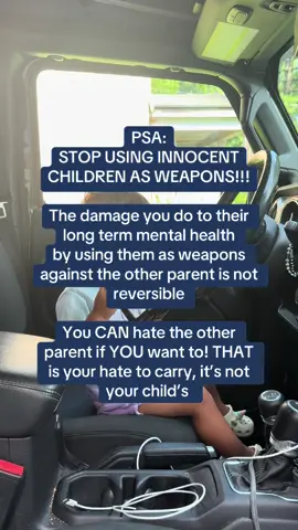 As parents we need to do better…there are real scenarios where men/women have to share a child with an abuser, those parents are SHARING their child without bashing other parent! We made these children with another human, it’s not our place to make the kids hate their other parent, hate their siblings NONE! If the other parent is truly a terrible person the child will learn! Before you use the child as a weapon again, ask yourself if this moment of talking down about the other parent is worth your child hating you in the long run! For me it will never be worth it!! My daughter is 15 and she learned with her own eyes who her father was…I didn’t need to spread my hate. I just loved and raised my baby! #bitter #insecure #poorparenting 