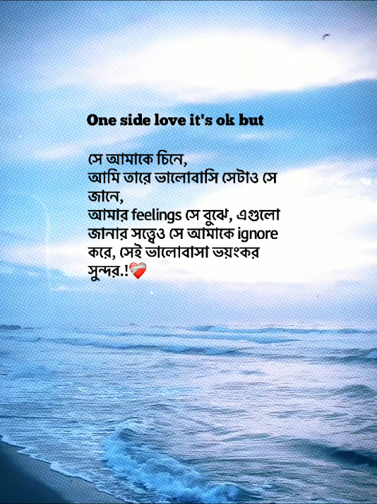 One side love it's ok but সে আমাকে চিনে, আমি তারে ভালোবাসি সেটাও সে জানে, আমার feelings সে বুঝে, এগুলো জানার সত্ত্বেও সে আমাকে ignore করে, সেই ভালোবাসা ভয়ংকর সুন্দর.....🫠❤️‍🩹#fyp #foryou #foyoupage #statusvideo #unfrezzmyaccount @TikTok Bangladesh @For You House 