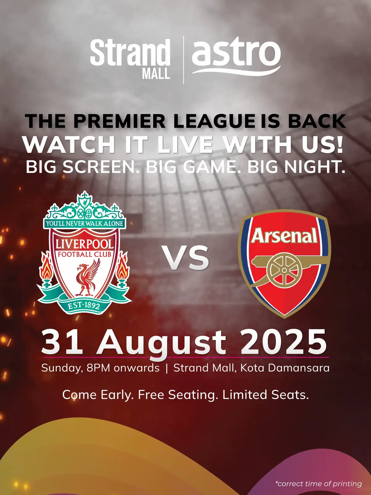 The wait is over! 🔥 Premier League is back and Strand Mall is the place to be this 31 August 2025! Big screen, big crowd, big vibes Liverpool vs Arsenal showdown ⚽ Jom datang awal, seats free tapi limited. Let’s make it another unforgettable night bersama fans The Reds & Gooners! ❤️⚪💛 📍 Strand Mall, Kota Damansara 🕗 8PM onwards #strandmall #Liverpool #Arsenal #PremierLeague #fyp 