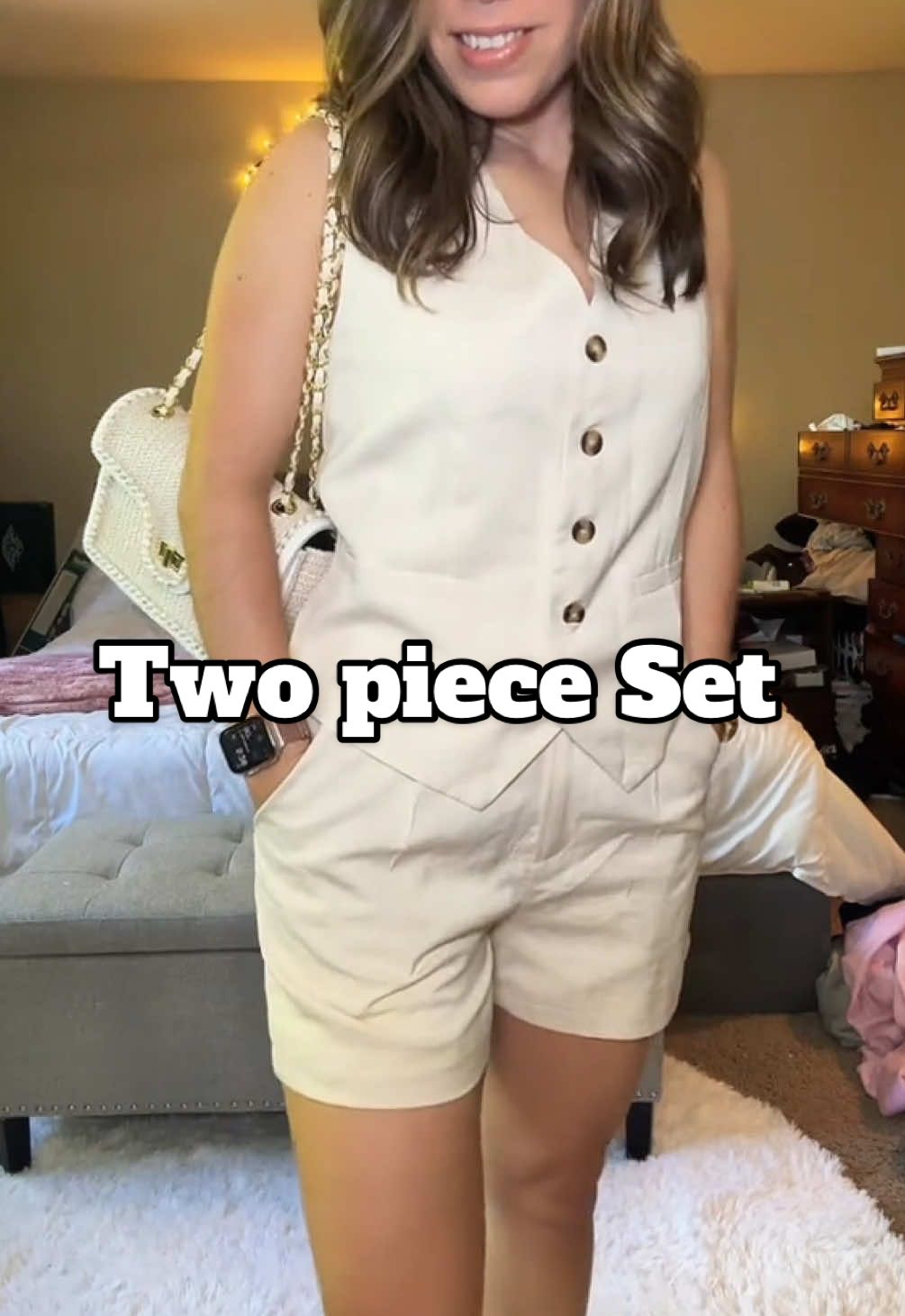 Look expensive without spending a lot. this 2-piece set is effortless chic, comfy like pajamas, and endless outfits in one. #shortsset #twopieceoutfit #womenswear #vacationoutfit #summerstyle