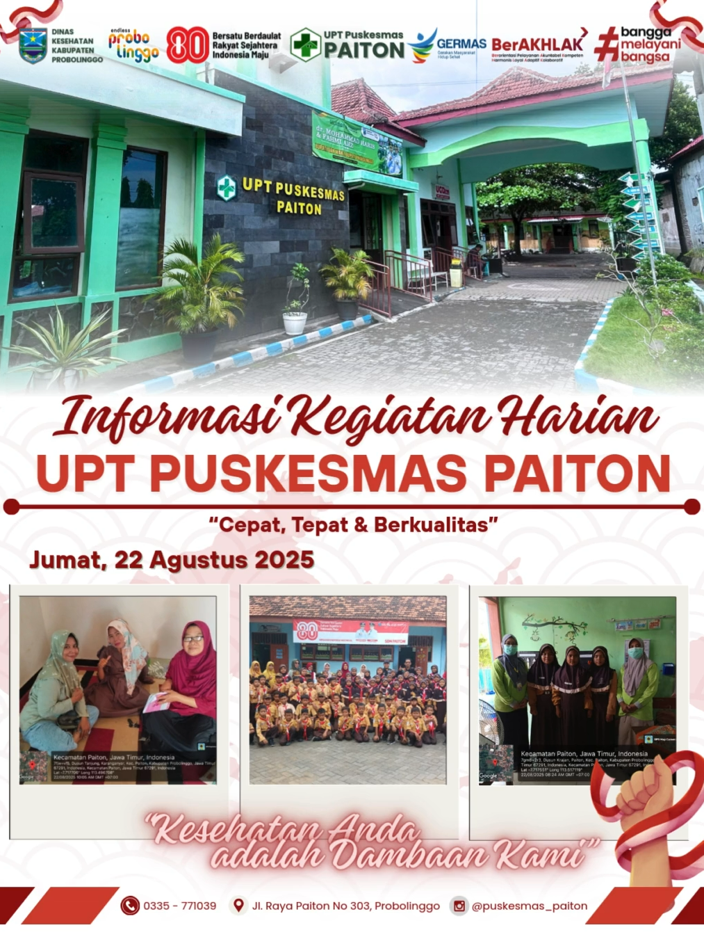 Informasi kegiatan UPT Puskesmas Paiton, Jumat 22 Agustus 2025 . UPT Puskesmas Paiton melayani Upaya Kesehatan Perseorangan & Penunjang (UKPP) dengan Penerapan Integrasi Layanan Primer, meliputi; 1. Kluster 2 (Kesehatan Ibu & Anak 2. ⁠Kluster 3 (Kesehatan Dewasa & Lanjut Usia) 3. ⁠Kluster 4 (Penanggungan Penyakit Menular & Kesehatan Lingkungan) 4. ⁠Lintas Kluster (Kesehatan Gigi & Mulut, Gawat Darurat, Kefarmasian, Laboratorium & Rawat Inap Konsultasi online Senin - Sabtu pukul 08.00 - 14.00 WIB - dr. Aslin Nur Ainiyah - 082143339756 - drg. R. Rizqi Amalia Irsyad - 085854477794 - Bdn. Ariani Lutfi K, S. Keb - 082301633332 ____________ UPT Puskesmas Paiton - Kab. Probolinggo Melayani BPJS & Umum 📍 Jl. Raya Paiton, No. 302 Kec. Paiton - Kab. Probolinggo 67291 #puskesmaspaiton #probolinggo #konsultasimedis #perawatandipuskesmas