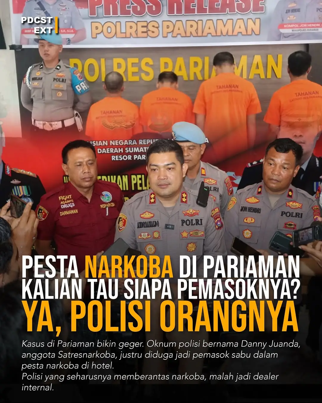 #Repost @podcastexit  —— podcastexit Polisi yang seharusnya jaga rakyat dari narkoba, malah ikut pesta dan diduga jadi pemasok sabu. Kasus Danny Juanda di Pariaman ini bikin publik makin geleng-geleng—karena musuh dalam selimut ternyata berseragam. Dari sisi psikologi, inilah efek power illusion: merasa kebal hukum, akhirnya berani melanggar aturan. Padahal sekali tertangkap, citra satu institusi ikut hancur. Kita jadi bertanya: kalau polisi narkoba saja main narkoba, siapa yang bisa dipercaya? 🤯 — ⚖️ Bagaimana menurutmu? Haruskah hukuman untuk oknum seperti ini lebih berat dari masyarakat biasa? #podcastexit 
