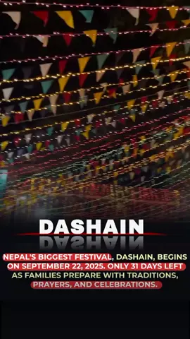 Nepal's biggest festival, Dashain, is almost here! Starting on September 22, 2025, families across the country are preparing with prayers, traditional rituals, and joyful celebrations. Only 31 days left to welcome the festive spirit. #Dashain2025 #NepalFestival #Tradition #Celebration #hamroresultnews 