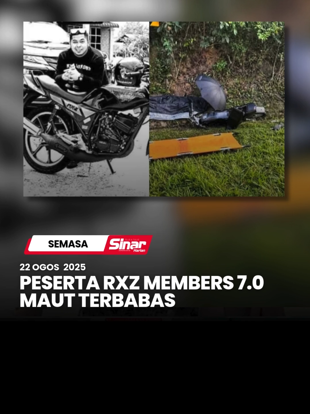 Perjalanan seorang eksekutif jualan bank yang berkonvoi ke program RXZ Members 7.0 bertukar menjadi tragedi apabila maut selepas motosikal yang ditungganginya terbabit dalam kemalangan di Jalan Palong 8, Bera pada Jumaat. Ketua Polis Daerah Bera, Superintenden Zulkiflee Nazir berkata, dalam kejadian kira-kira jam 6.30 pagi itu, mangsa dikenali sebagai Mohd Syukri Shahrudin, 33, disahkan meninggal dunia di tempat kejadian. Anda boleh baca berita penuh di portal Sinar Harian di www.sinarharian.com.my atau swipe up di IG story serta jangan lupa follow IG @sinarharian untuk berita terkini dalam dan luar negara. #SinarHarian #SinarTerkini #EksekutifJualan #Bera #RXZMembers #7.0