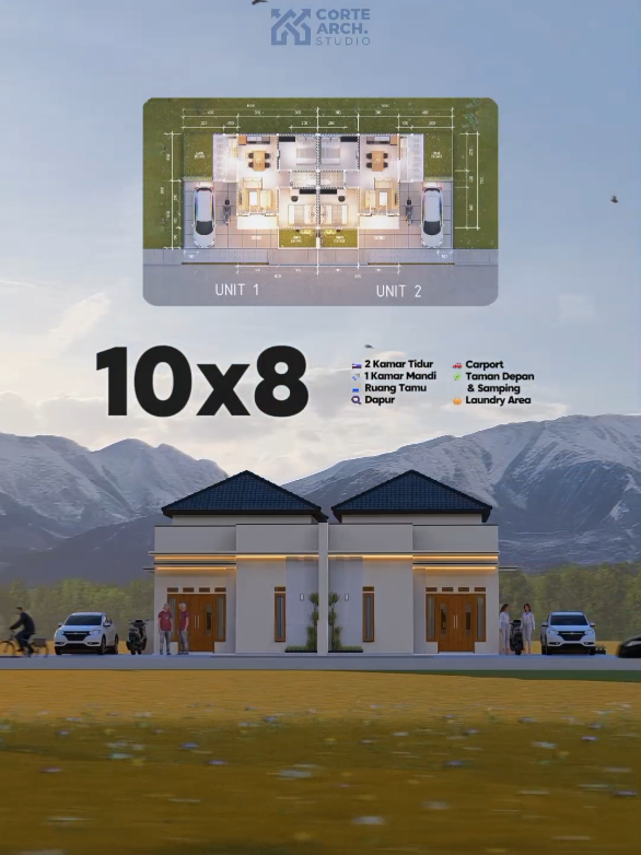 🏡 Desain Rumah Kembar Mirror Dua unit rumah kembar dengan layout yang serasi, simple tapi tetap fungsional 🤍 Spesifikasi per unit: 🛏 2 Kamar Tidur 🚿 1 Kamar Mandi 🛋 Ruang Tamu 🍳 Dapur 🚗 Carport 🌿 Taman Depan & Samping 🧺 Laundry Area Cocok untuk keluarga kecil yang ingin rumah modern-minimalis dengan sentuhan estetik ✨ 💬 Yuk, wujudkan desain rumah impian kamu bareng @corte.arch sekarang! #housedesign #homedesign #architecture #homedecor #house 