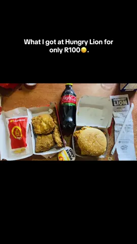 Double big boss burger 🍔 with two pieces of chicken, two chicken fingers, fries 🍟, zamba sauce & a 440ml coke 🥤. Magic Morning special available from 8-11 am🙂‍↔️💕. @HungryLionSA #creatorsearchinsight#magicmorning#fyp#hungrylionsouthafrica 