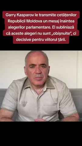 Garry Kasparov le transmite cetățenilor Republicii Moldova un mesaj înaintea alegerilor parlamentare. El subliniază că aceste alegeri nu sunt „obișnuite”, ci decisive pentru viitorul țării: alegerea drumului spre Europa sau întoarcerea în trecutul întunecat. Kasparov amintește de vremurile sovietice, când alegerile erau o farsă și oamenii nu aveau puterea de a decide. Avertizează că regimul lui Putin vrea același destin pentru Moldova, dar încă există posibilitatea de a alege libertatea și democrația europeană. El îi îndeamnă pe moldoveni să respingă pe cei care vor să le răpească dreptul de a decide și să voteze având în vedere viitorul copiilor și nepoților lor. Încheie urând succes și invocând ajutorul lui Dumnezeu.