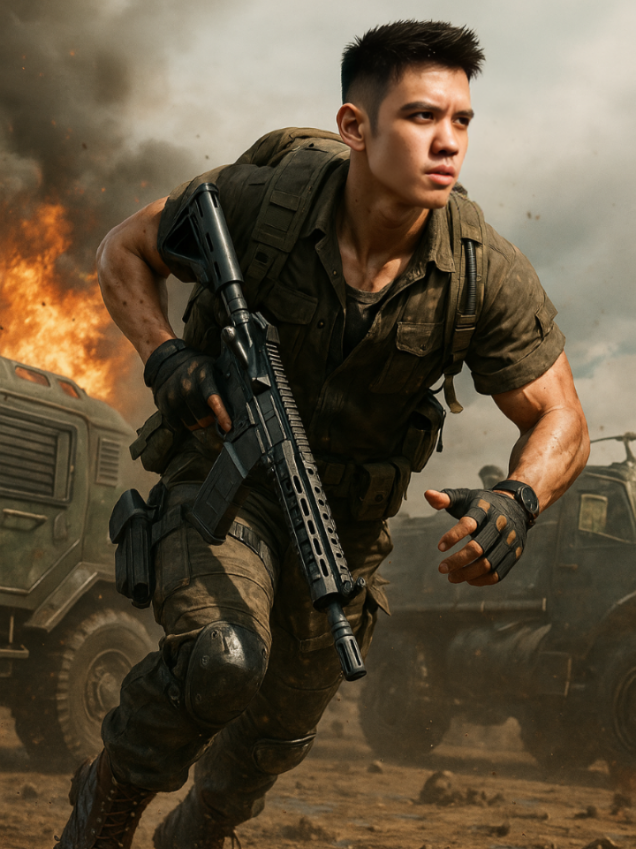 Tentara siap tempur🔫 Prompt: A hyper-realistic, ultra-cinematic action scene of a modern soldier in the middle of battle. The soldier is sprinting forward with intense focus, holding a black assault rifle in both hands. He wears tactical military gear: green combat uniform, fingerless gloves, knee pads, and rugged brown boots. His muscular build is visible through the tight uniform. Behind him, armored military vehicles and a huge fiery explosion create a dramatic war atmosphere. The ground is muddy with flying debris, cinematic lighting, and smoke filling the battlefield. 8K resolution, ultra-detailed, dynamic composition, action movie poster style. #military #chatgpt #ai #battlefield #fyp 