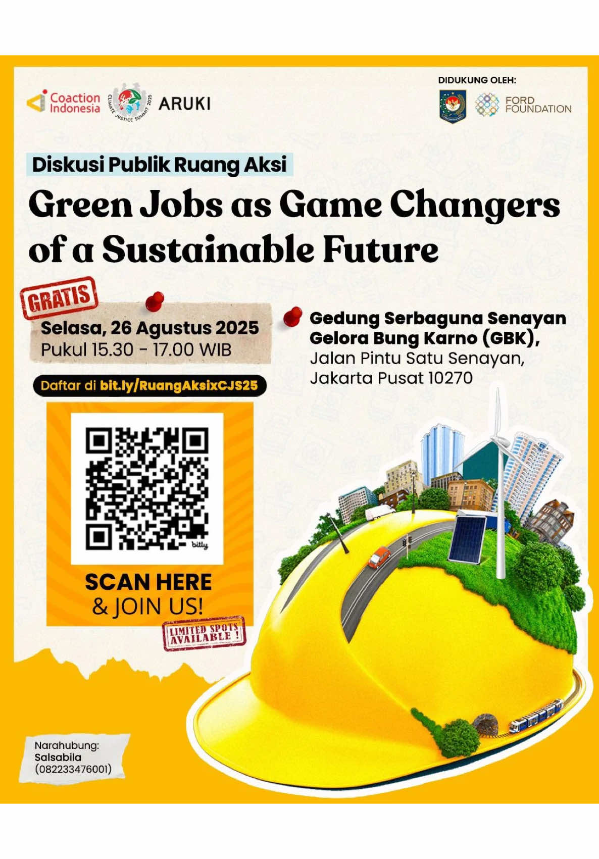“Green Jobs” bakal banyak di masa depan! Emang bener?😱 Agustus ini, Koaksi Indonesia akan berkampanye Green Jobs lebih luas lewat Ruang Aksi di Indonesia Climate Justice Summit (ICJS) 2025, pada: 📅: Selasa, 26 Agustus 2025 🕒: 15.30 - 17.00 WIB  📍 Gedung Serbaguna Senayan, Gelora Bung Karno, Jakarta. Yuk regist di: bit.ly/RuangAksixCJS25  Ruang aksi ini merupakan salah satu rangkaian acara dalam ICJS 2025 yang diadakan pada 26-28 Agustus 2025 di Gedung Serbaguna Senayan, Gelora Bung Karno, Jakarta.  Tak hanya Ruang Aksi, banyak kegiatan seru dan menarik lainnya, mulai dari diskusi, workshop, sampai aksi bareng untuk melawan krisis iklim.  Yuk ramaikan, ambil bagian dari gerakan untuk Bumi! 🌏 #GreenJobs #GoRenewable #ICJS2025