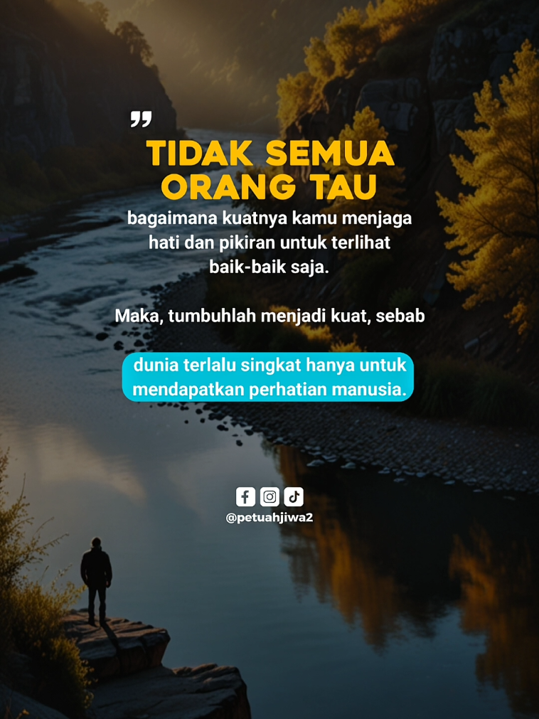 Seringkali kita terlihat “baik-baik saja” di luar, padahal hati dan pikiran sedang berjuang keras di dalam. Tidak semua orang tahu atau peduli dengan beratnya perjuangan itu. Karena itu, pesan utamanya: jangan habiskan hidup hanya untuk mendapat pengakuan orang lain, tetapi jadilah kuat demi dirimu sendiri. #qoutes #selfreminder #katabijak #Renungan  #fyp 