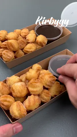 Churros Bites #kirbyyy  2 tbsp butter 1 cup water 1/4 tsp salt 2 whole eggs 1 cup flour 1 cup milk chocolate 250ml all purpose cream