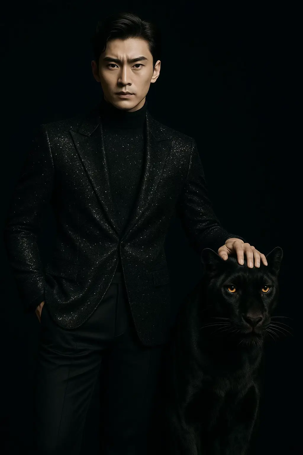 B1: Open Chatgpt 📲 B2: Upload your image 📸 B3: Copy the frompt 👇 A cinematic high-fashion portrait of a powerful young man in a luxurious black beaded suit, standing tall and confident. He places one hand casually in his pocket while the other hand rests firmly on the back of a majestic black panther sitting at his side. The man gazes directly at the camera with calm dominance, his sharp features glowing under a dramatic spotlight. The panther sits lower, close to him, its glowing amber eyes fixated forward, exuding raw power and elegance. The deep black background enhances the mysterious, luxurious mood, with glossy lighting highlighting the shimmering textures of the suit and the sleek fur of the panther. Fashion editorial photography style, ultra-detailed, 4K resolution, vertical composition, 9:16 aspect ratio. #genanhai #ai #aiart #chatgpt #fyp 