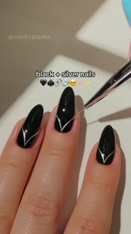 black + silver nails! 🖤🔗☁️ a minimal nail design for those of you who are already in the autumn/dark nail mood! <3 — using: • @Kiara Sky Professional Nails  black painting gel “Pitch Black” 🖤 silver painting gel “Silver Fox” 🔗 non-wipe gel top coat ✨ (use my code PAULAR10 for 10% off! 💸) #blacknails #silvernails #minimalnails #nailinspo #nailarttutorial #diynails #naildesign #nailart #nails2inspire #fallnails #prettynails #fypシ゚ 