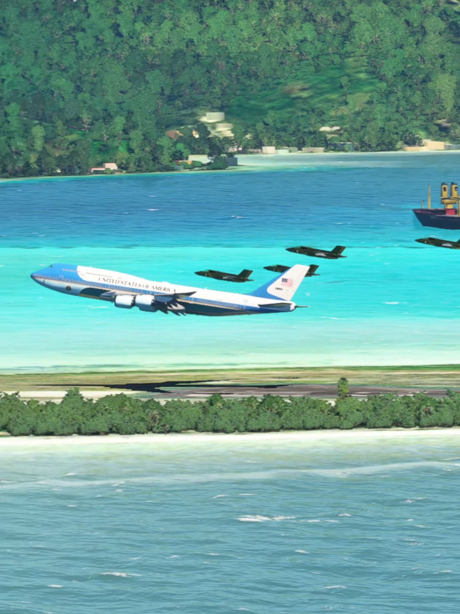 Amazing view of Air Force One escorted by Chromes F-35s #aviation #usa #airforceone #f35 #videogame . . This Video was created digitally - Video Game